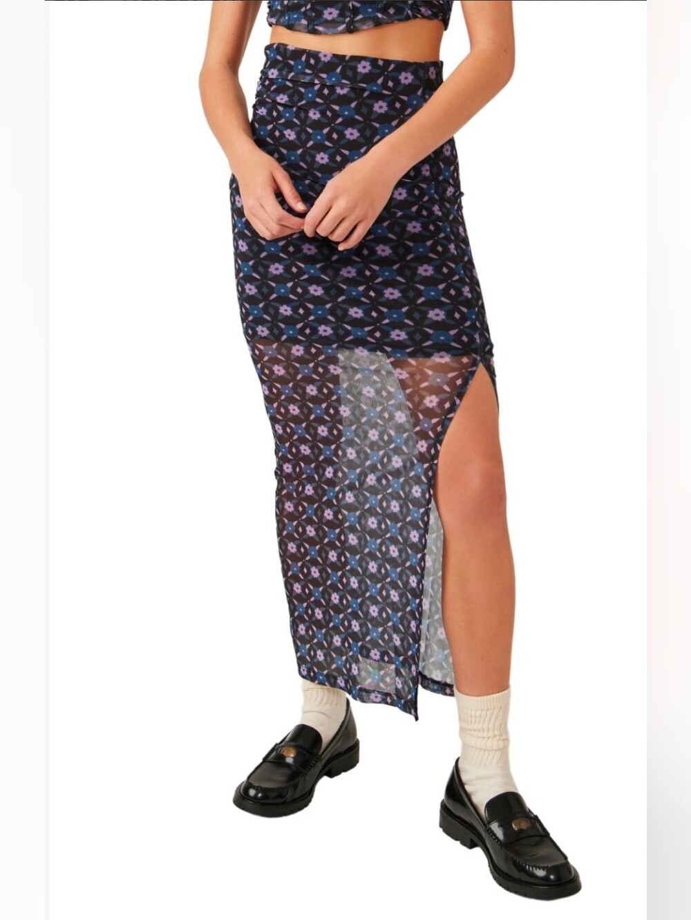 Free People Navy Galaxy Sheer Floral Side-Slit Maxi Skirt Size XS